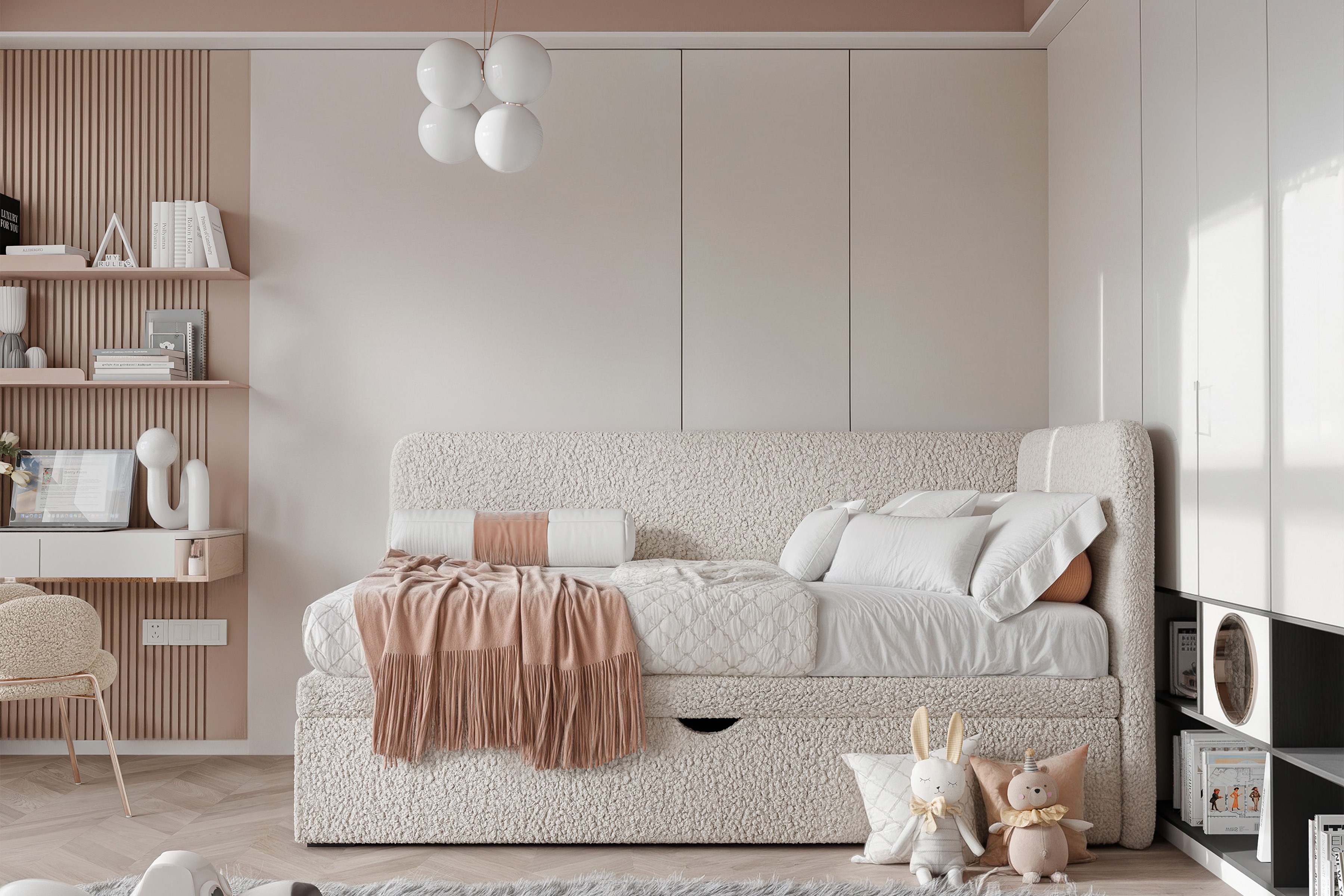 Łóżko dziecięce tapicerowane Dreamsy 90x200 prawostronne - beżowa boucle Lambi 5