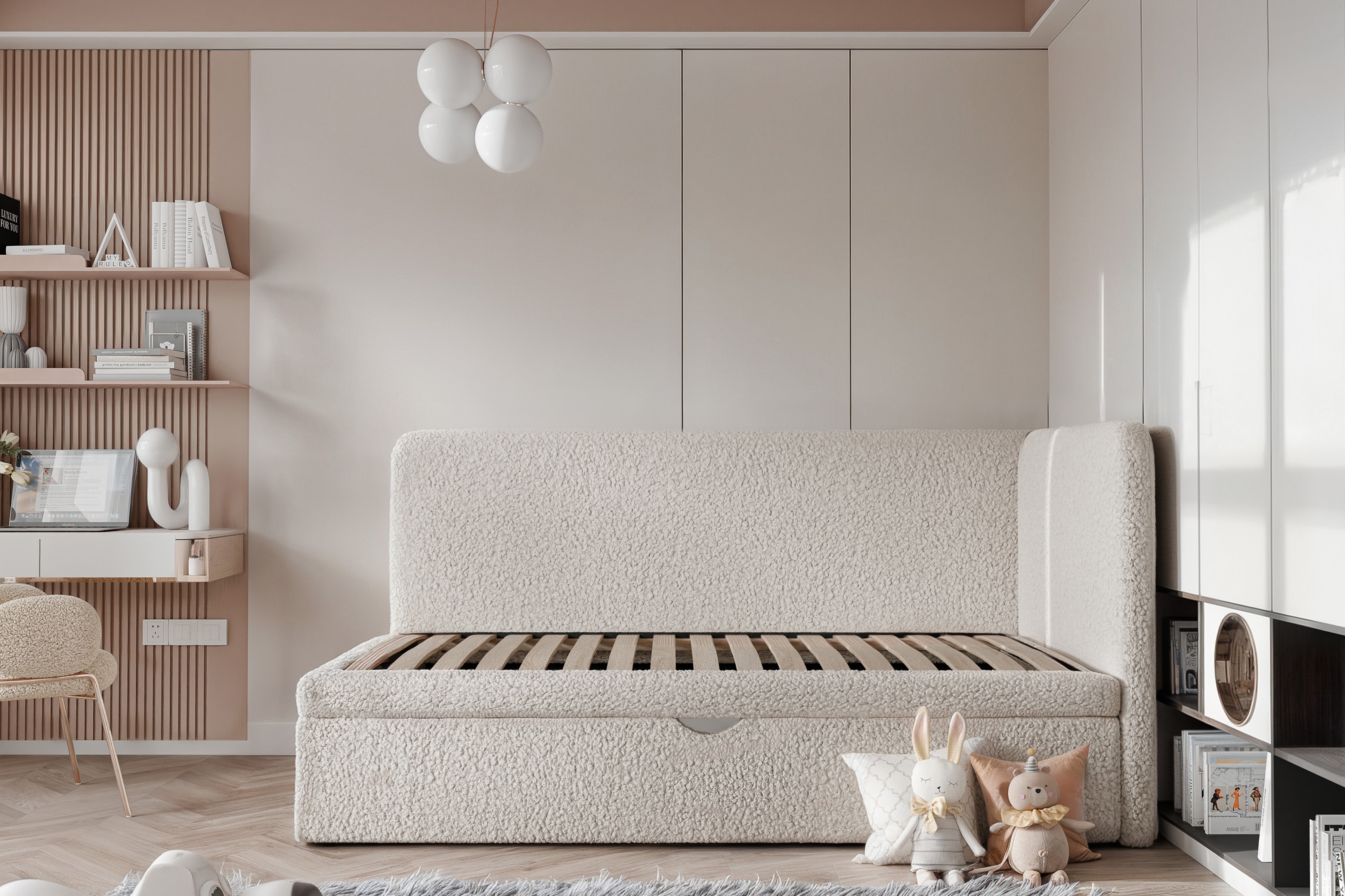 Łóżko dziecięce tapicerowane Dreamsy 90x200 prawostronne - beżowa boucle Lambi 5