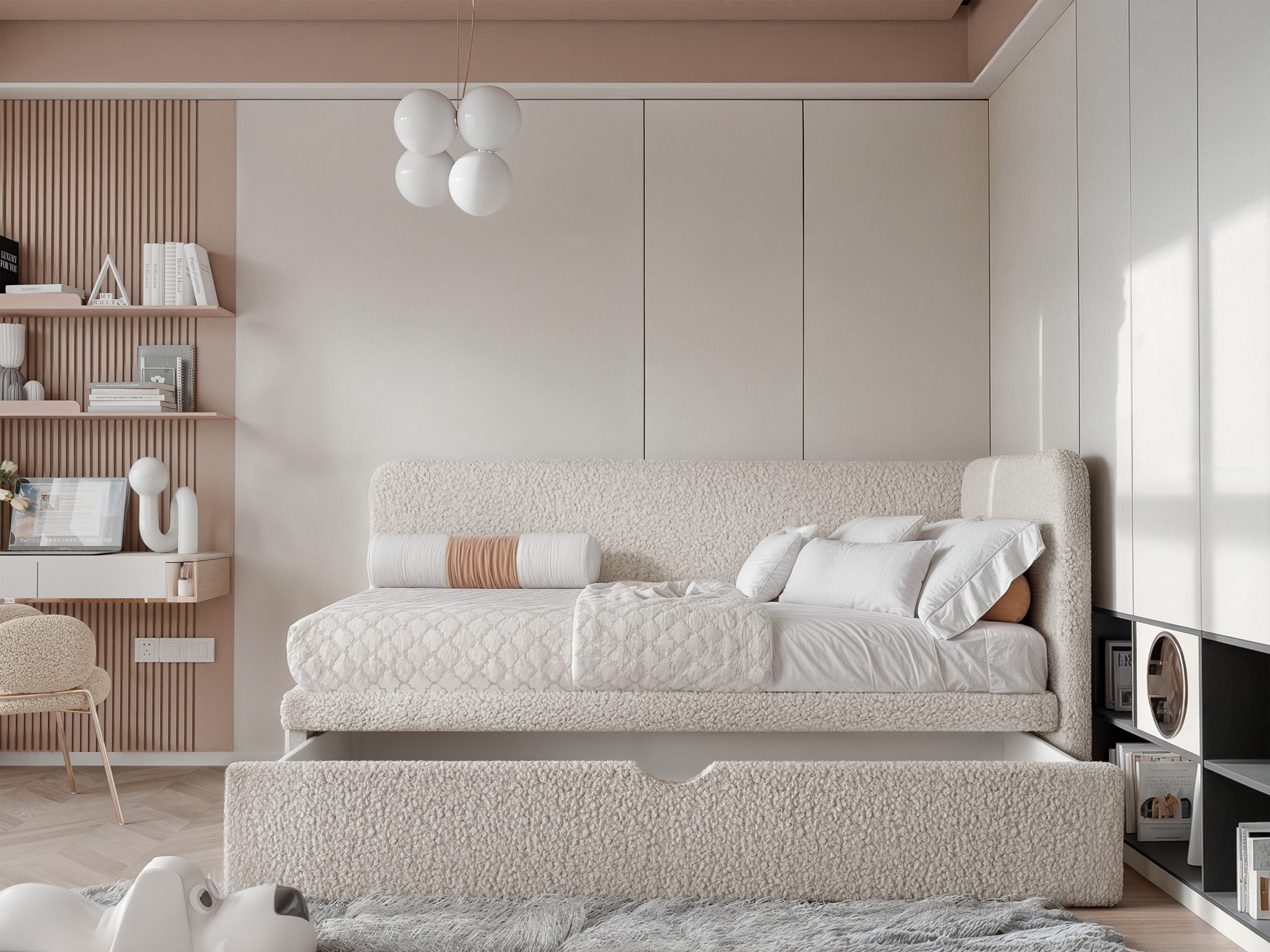 Łóżko dziecięce tapicerowane Dreamsy 90x200 prawostronne - beżowa boucle Lambi 5