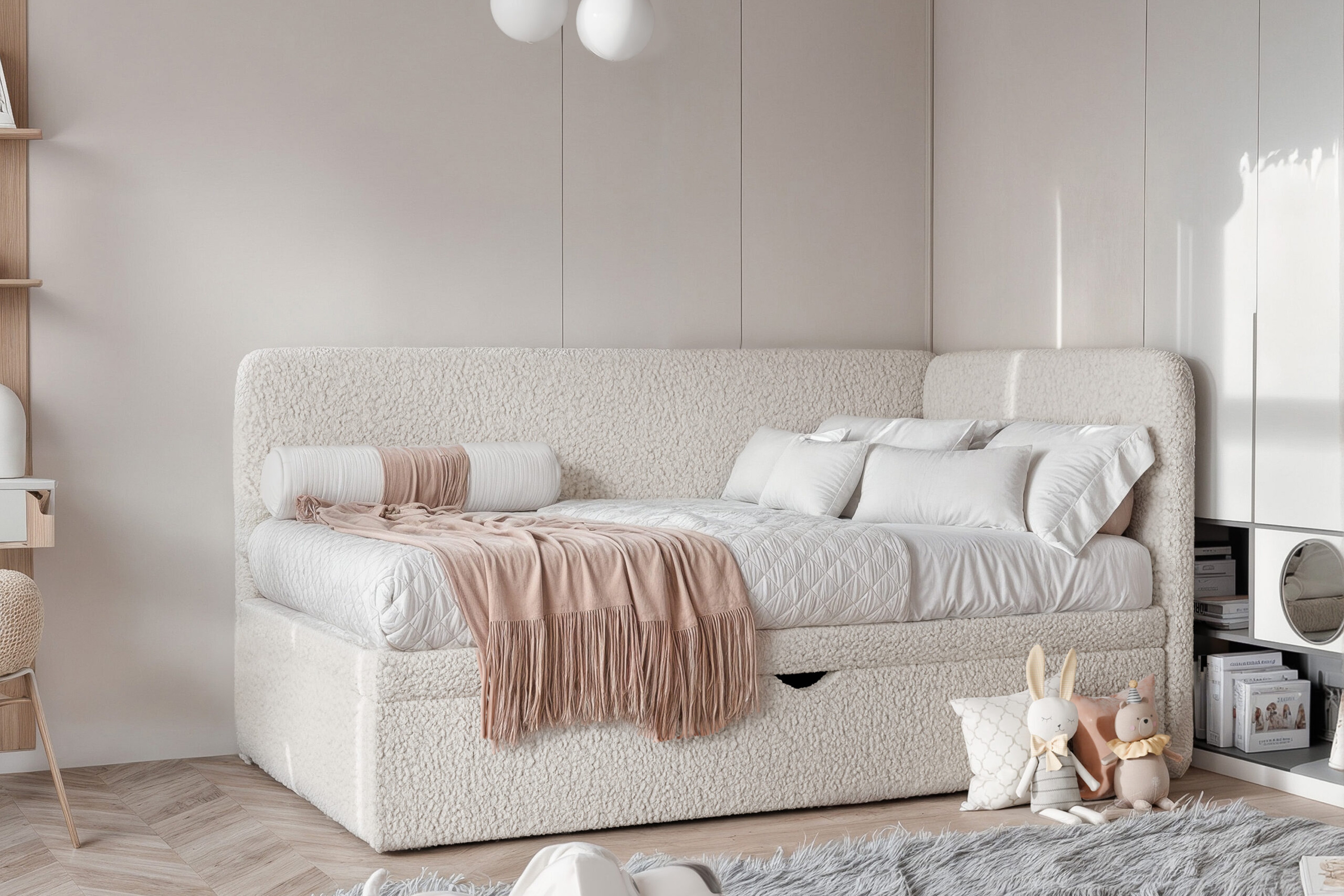 Łóżko dziecięce tapicerowane Dreamsy 90x200 prawostronne - beżowa boucle Lambi 5
