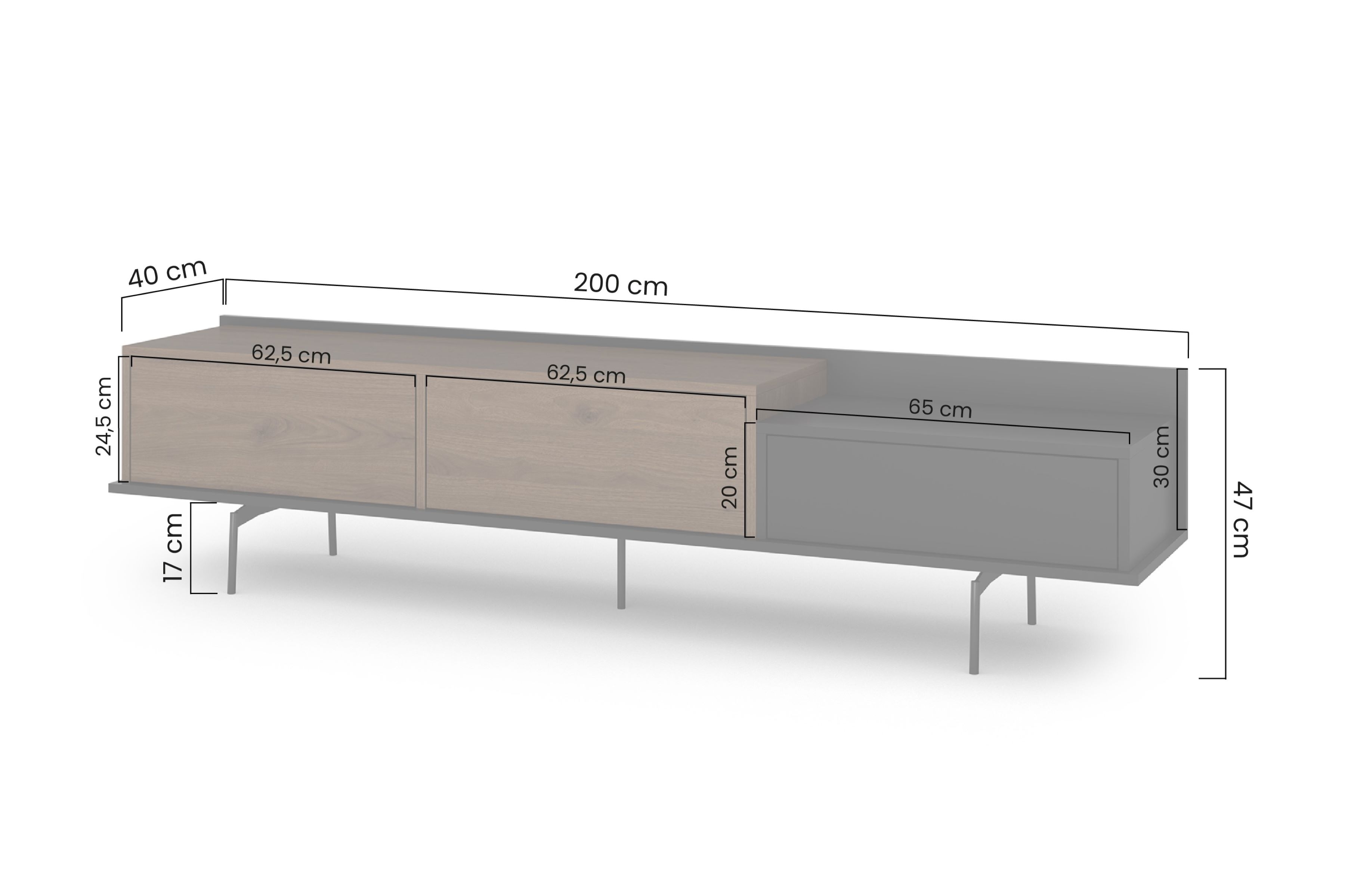 Szafka RTV Zenar 200 cm z metalowymi nogami i szufladą - orzech elegant / czarny - Wyprzedaż ekspozycji
