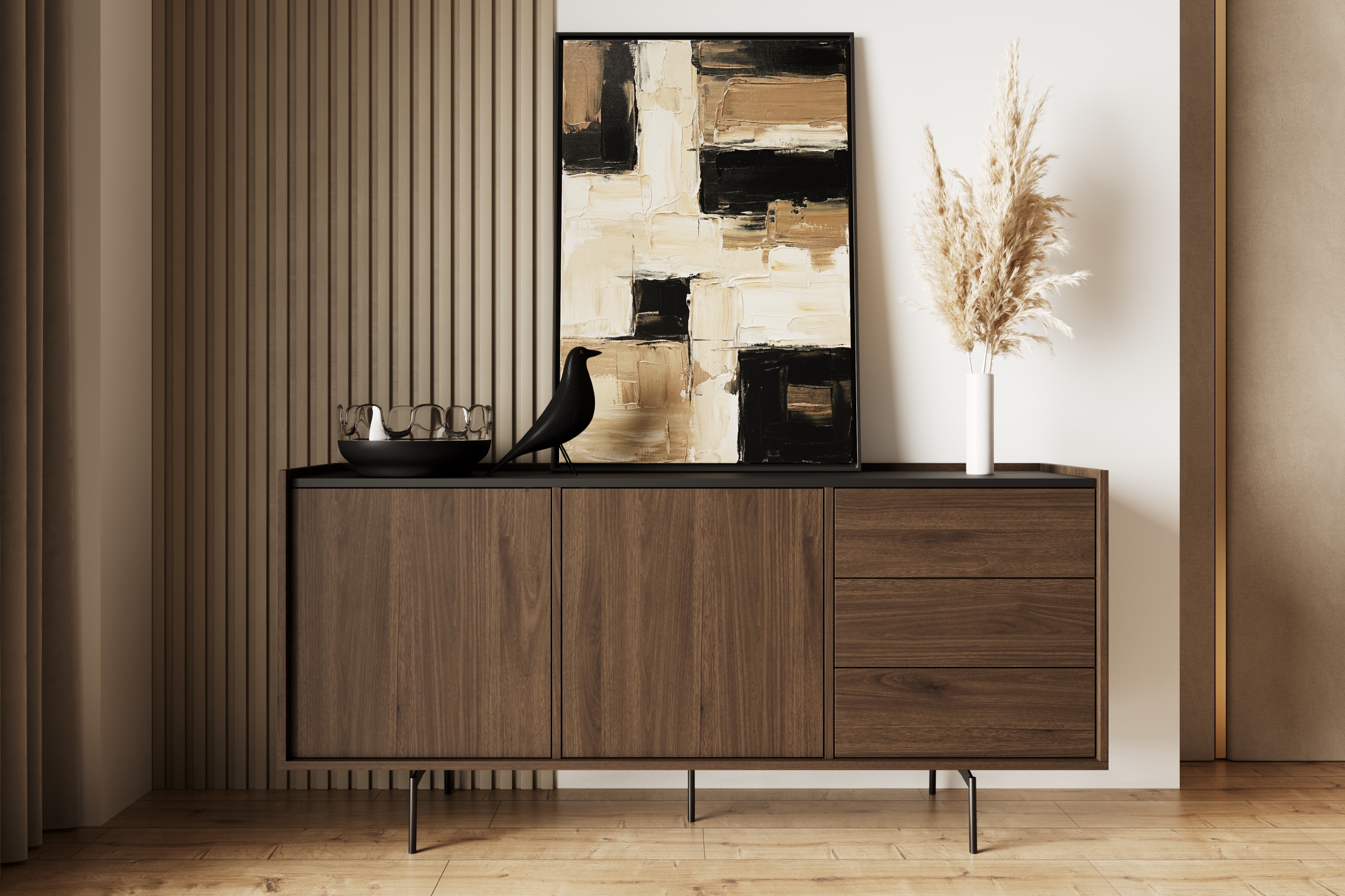 Komoda Zenar 170 cm z szufladami - orzech elegant / czarny - Wyprzedaż ekspozycji