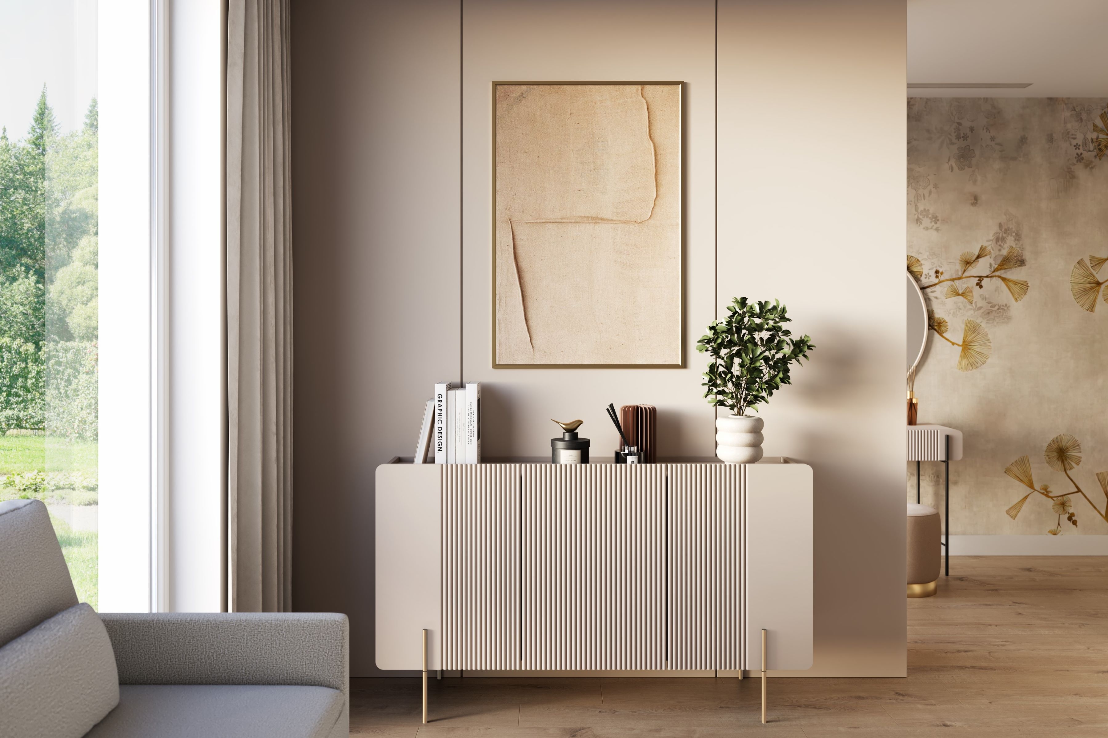 Komoda Malmi 150 cm trzydrzwiowa - kaszmir / złote nóżki - Wyprzedaż ekspozycji