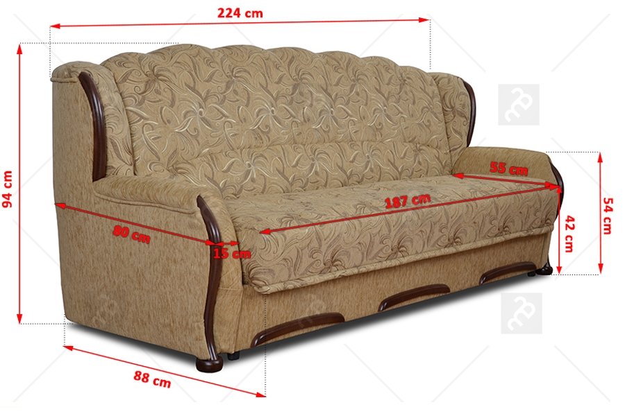 Komplet wypoczynkowy Fryderyk - wersalka, dwa fotele i pufa  Szczegółowe wymiary wersalki