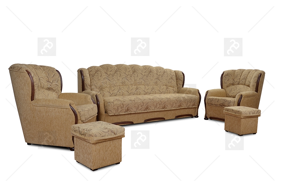 Komplet wypoczynkowy Fryderyk - wersalka, dwa fotele i pufa  Elegancki komplet do pokoju dziennego