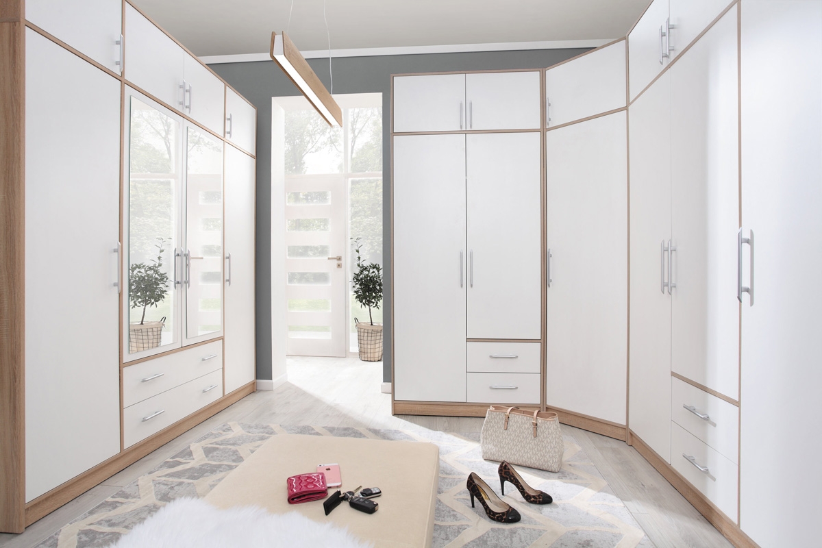 Szafa Smart SRL2 z szufladami i lustrem 150 cm - biały lux / dąb sonoma biała garderoba
