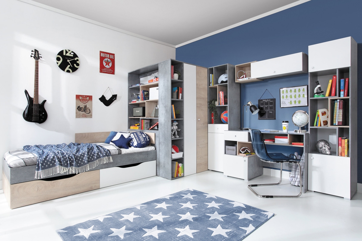 Łóżko młodzieżowe Sigma SI15 L/P z szufladami 90x200 - biały lux / beton / dąb zestaw mebli do pokoju nastolatka