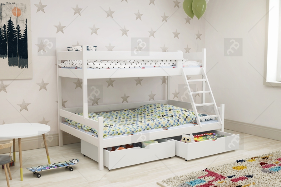Łóżko piętrowe drewniane Poli z szufladami - 90x190 łóżko piętrowe w kolorze białm