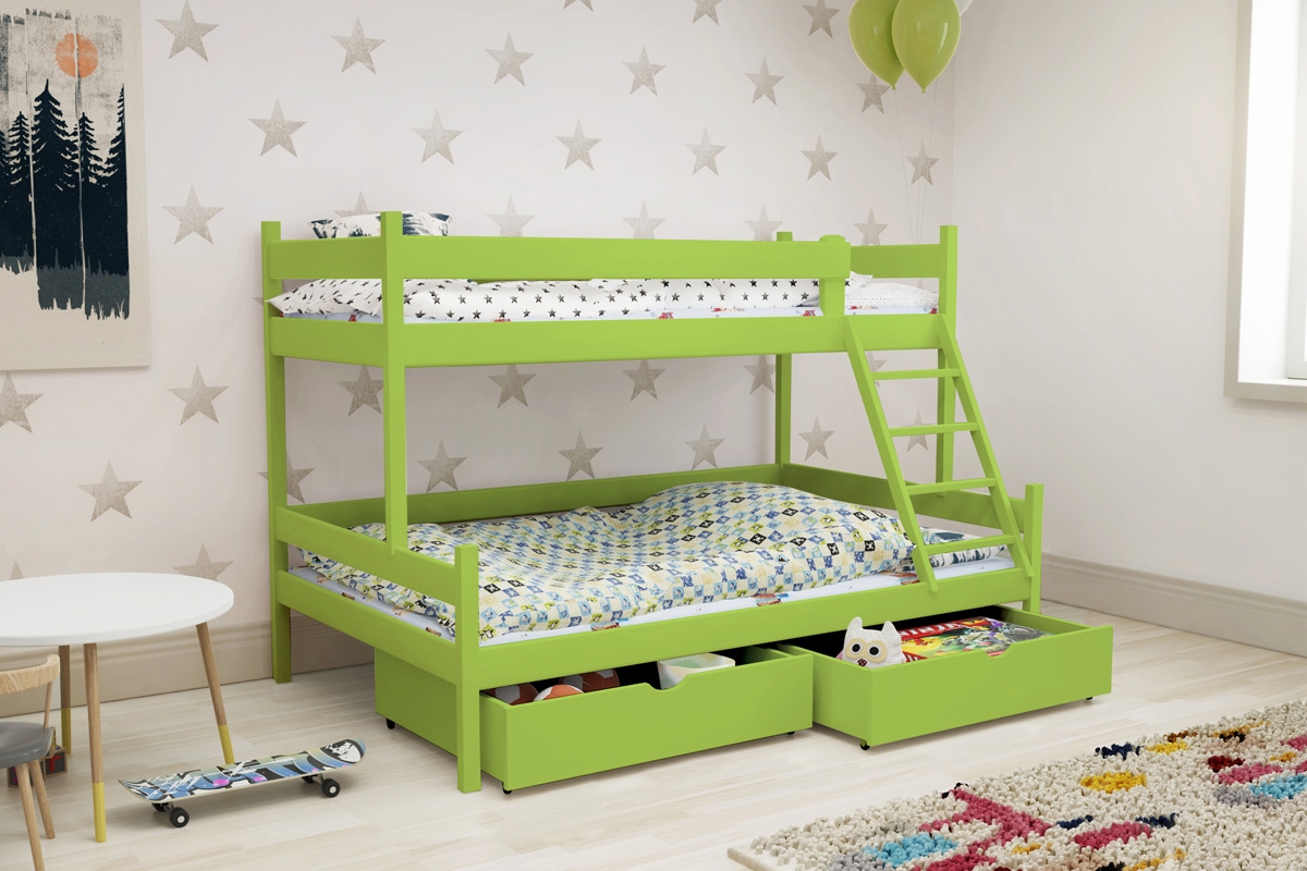 Łóżko piętrowe drewniane Poli z szufladami - 90x200 zielone łóżko drewniane z drabinką