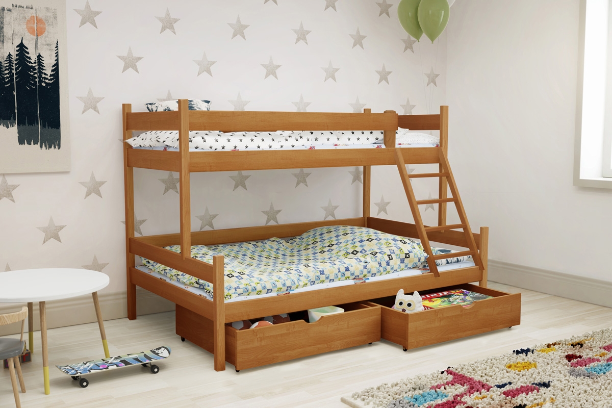 Łóżko piętrowe drewniane Poli z szufladami - 90x200 łóżko w kolorze olchy
