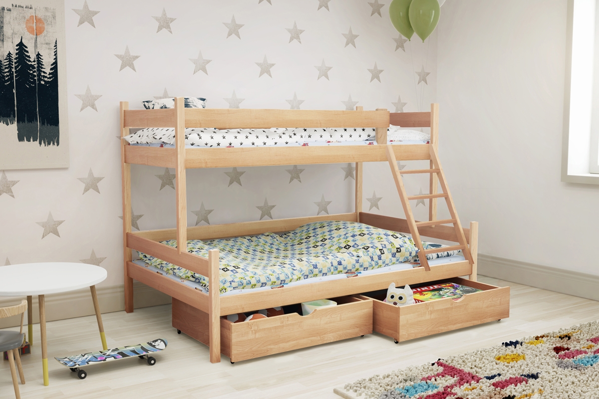 Łóżko piętrowe drewniane Poli z szufladami - 90x200 piętrowe łóżko sosnowe