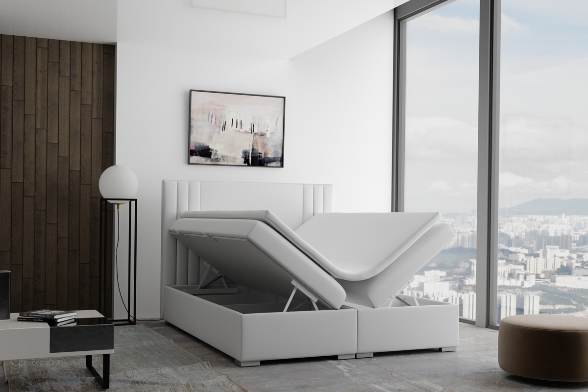 Łóżko kontynentalne z pojemnikami Cyntia - 160x200 jasne łóżko sypialniane z pojemnkami na pościel 