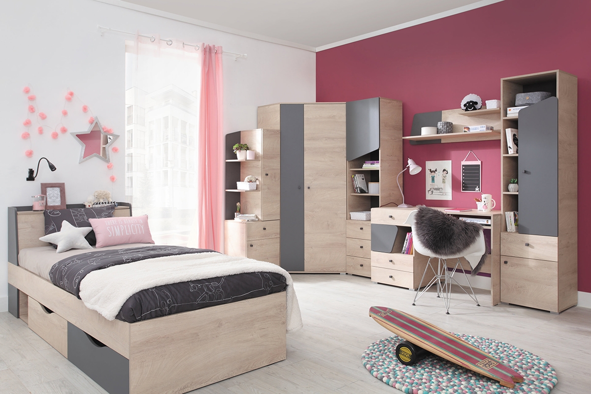 Łóżko młodzieżowe Delta DL14 L/P z szufladami 90x200 - dąb / antracyt pokój idealny dla nastolatki