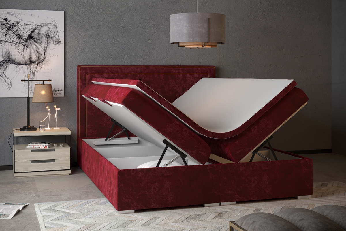 Łóżko kontynentalne z pojemnikami Adelino 180x200 czerwone łóżko do sypailni z pojemnikami na pościel 