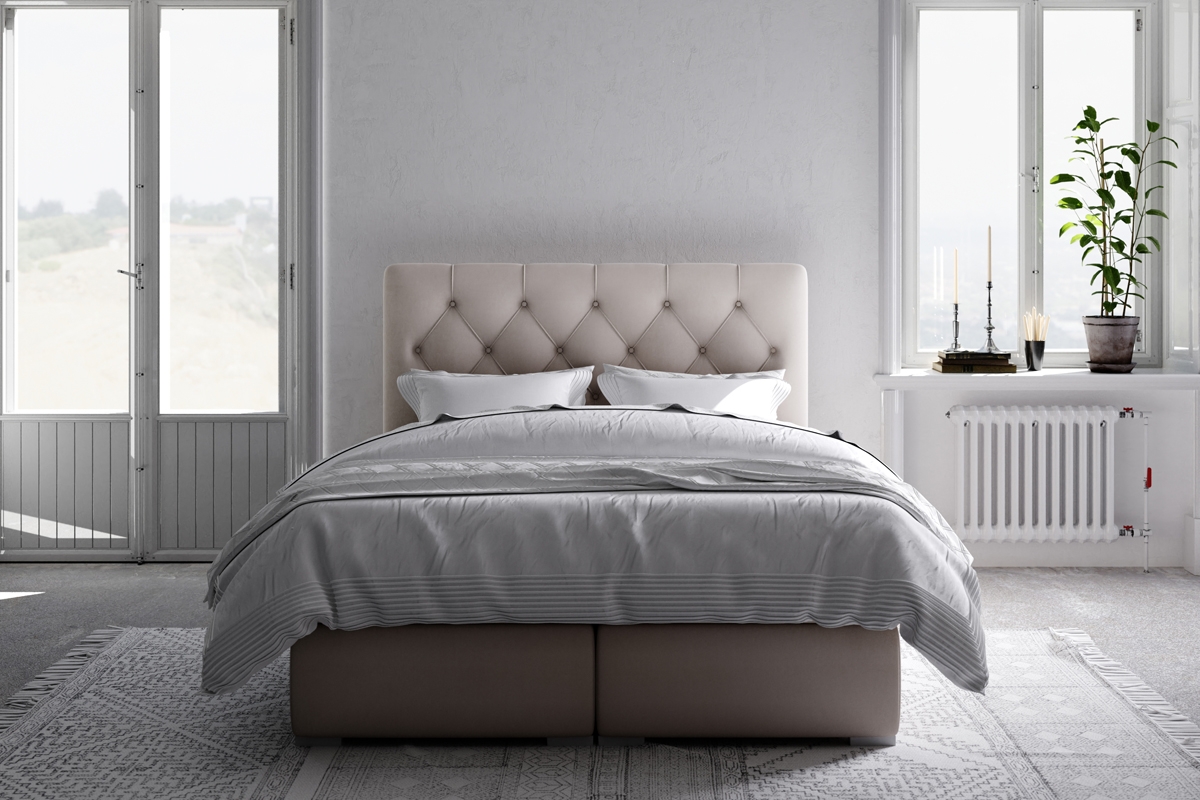 Łóżko kontynentalne z pojemnikami Izyda - 160x200 beżowe łóżko z wysokim wezgłowiem 
