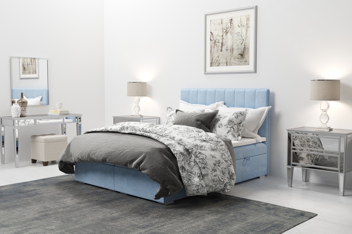 Łóżko kontynentalne z pojemnikami Arkadia 160x200  niebieskie łóżko z wyokiem wezgłowiem 