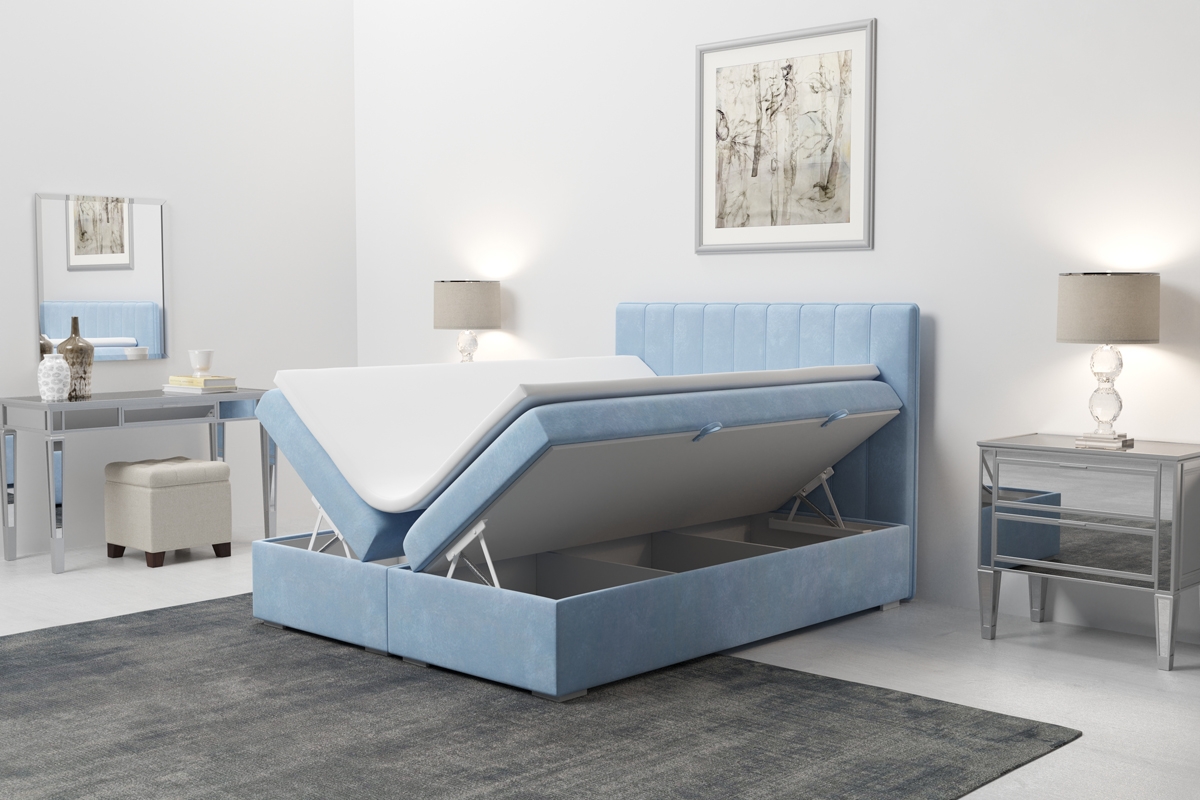 Łóżko kontynentalne z pojemnikami Arkadia 160x200  błękitne łóżko z pojemnikami 