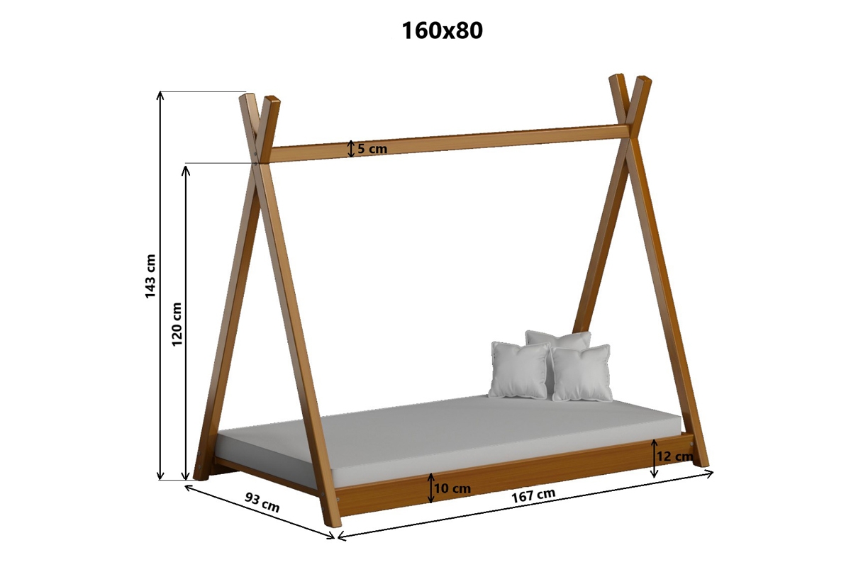 Łóżko dziecięce drewniane domek Tipi - różowy, 70x140 - Wyprzedaż Łóżko drewniane Tipi - wymiary