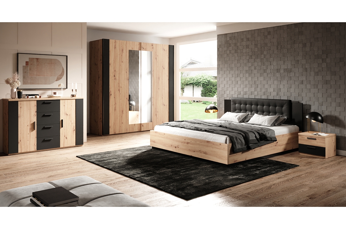 Łóżko do sypialni Sigma 31 z tapicerowanym wezgłowiem 160x200 - artisan / czarny supermat Łóżko 160x200 Sigma 31 bez pojemnika - artisan / czarny supermat - aranżacja