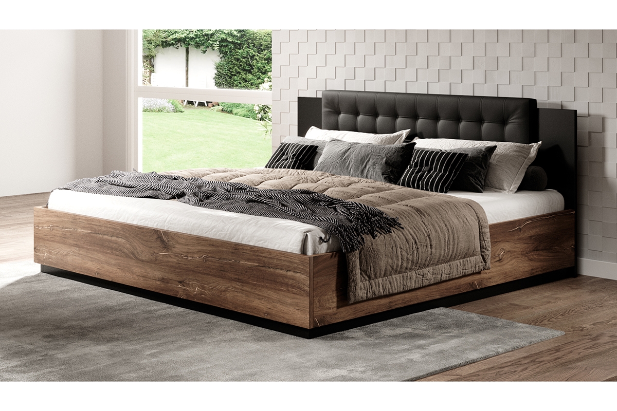 Łóżko do sypialni Sigma 51 z pojemnikiem 160x200 - dąb flagstaf ciemny / czarny supermat łóżko i materac