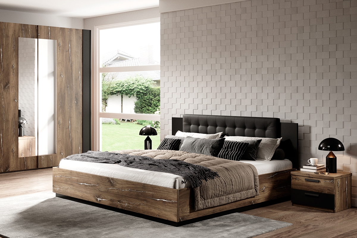Łóżko do sypialni Sigma 51 z pojemnikiem 160x200 - dąb flagstaf ze srebrną nitką / czarny supermat brązowe łóżko do sypialni