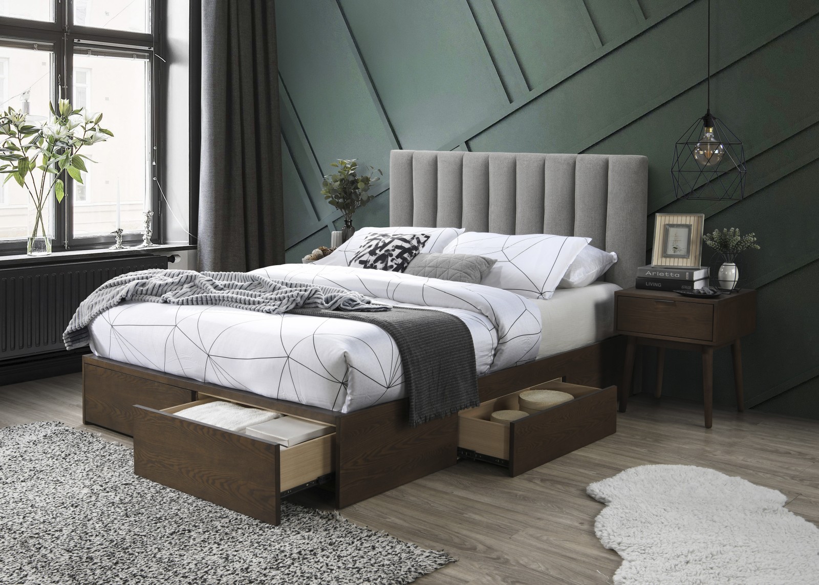 Tapicerowane łóżko z szufladami Gorashi 160x200 - popielaty / orzech nowoczesne łóżko z tapicerowanym wezgłowiem
