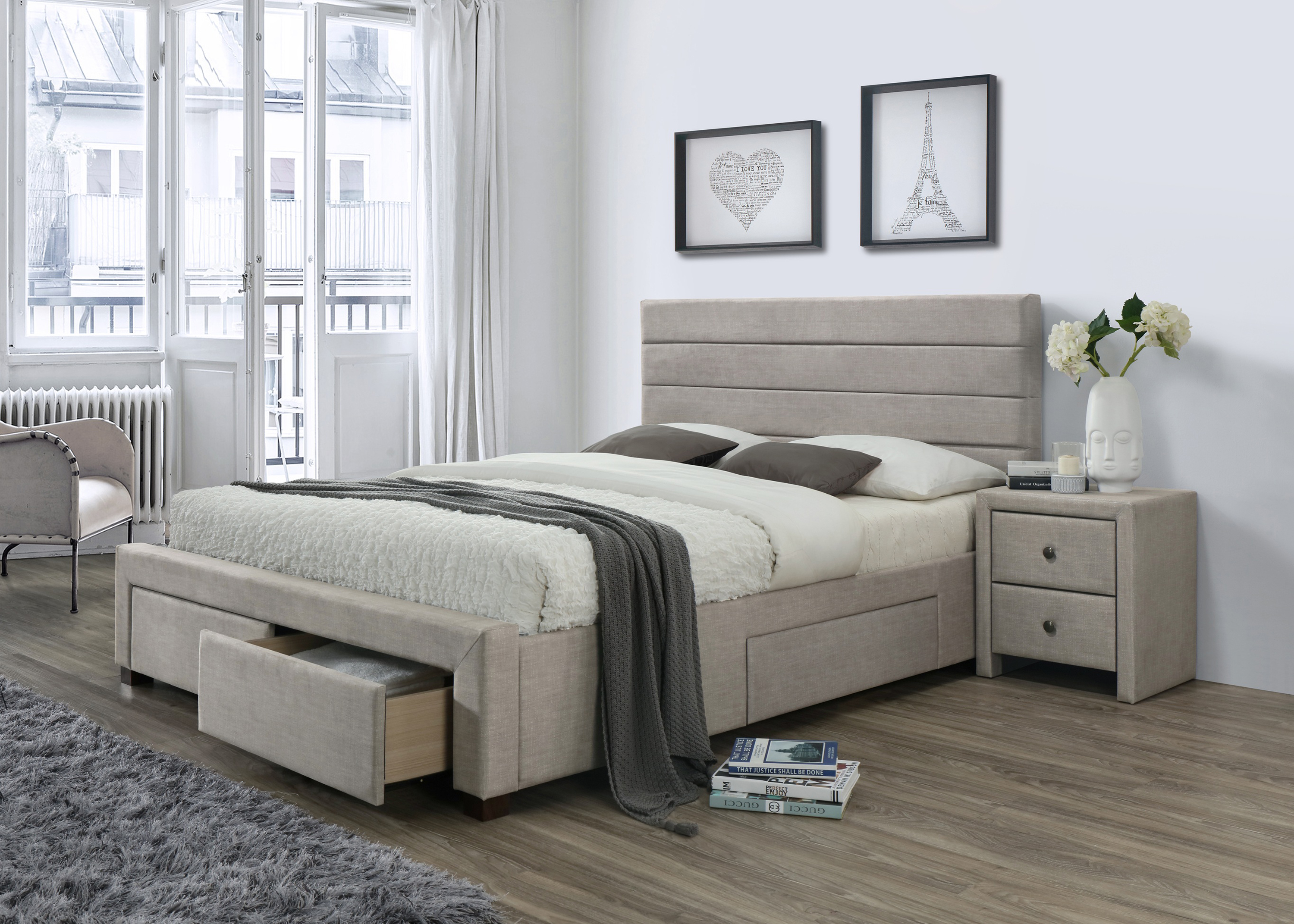 Łóżko tapicerowane z szufladami Kayleon 160x200 - beż nowoczesne tapicerowane łóżko w kolorze beżowym