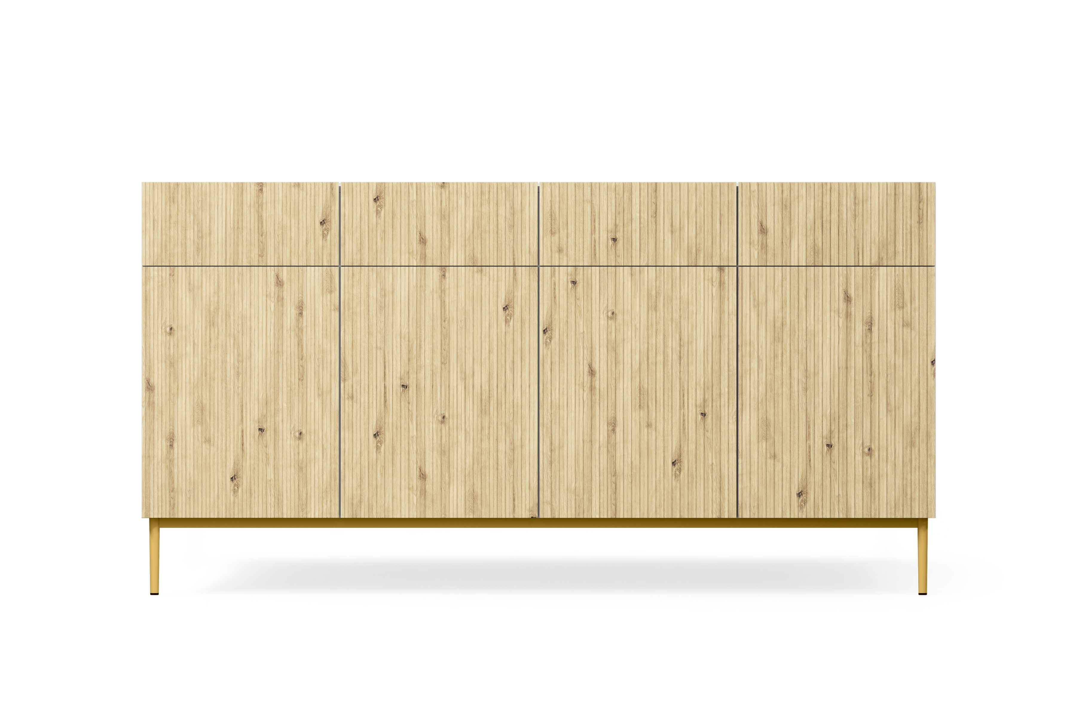 Komoda czterodrzwiowa Nicole 200 cm z szufladami - biały / dąb artisan / złote nóżki