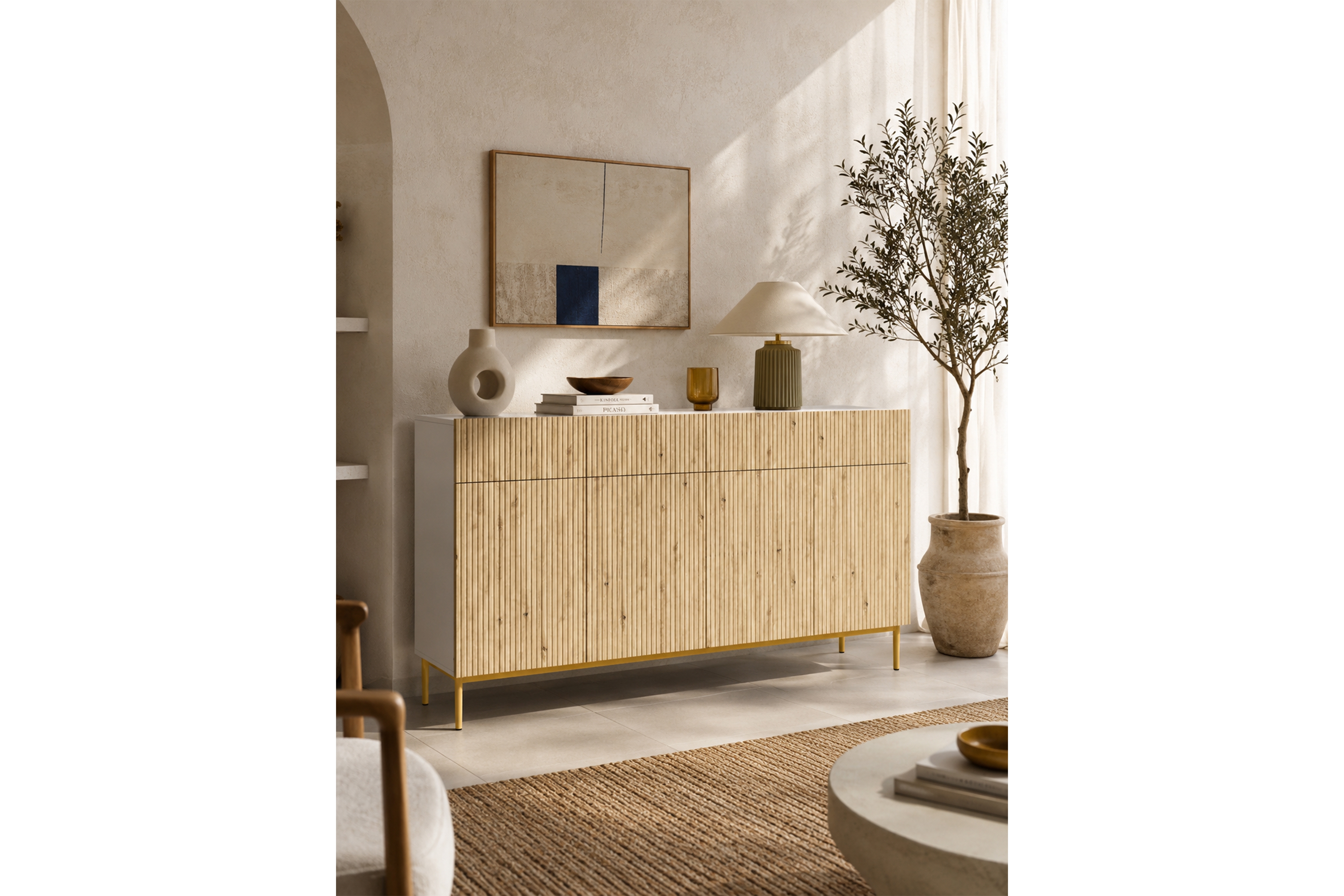 Komoda czterodrzwiowa Nicole 200 cm z szufladami - biały / dąb artisan / złote nóżki