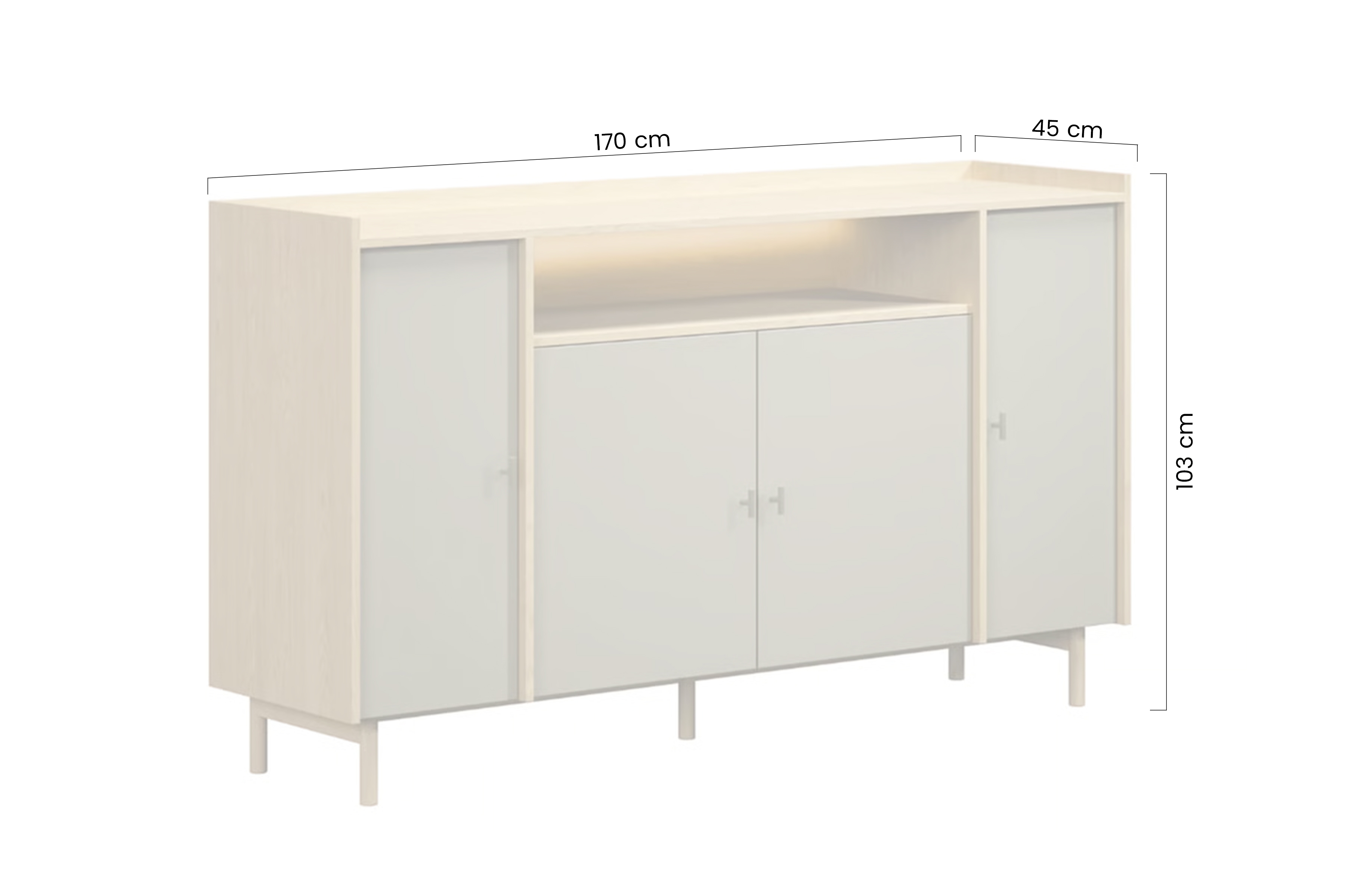 Komoda czterodrzwiowa z wnęką Sumira 170 cm - eukaliptus / dąb baltic dune / stelaż metalowy - Wyprzedaż ekspozycji