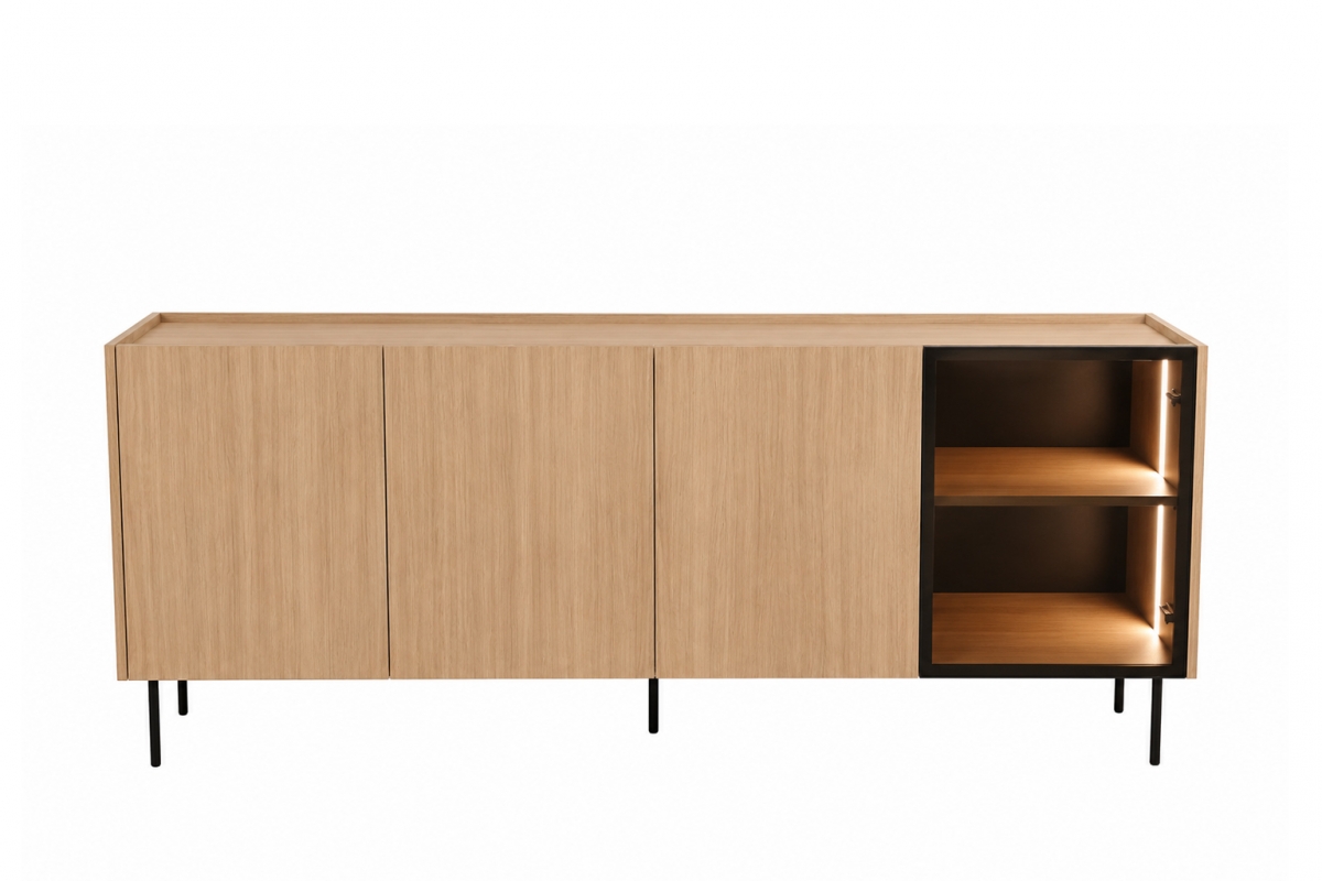 Komoda Dunari 220 cm czterodrzwiowa z szufladami - dąb sławonia - Wyprzedaż ekspozycji