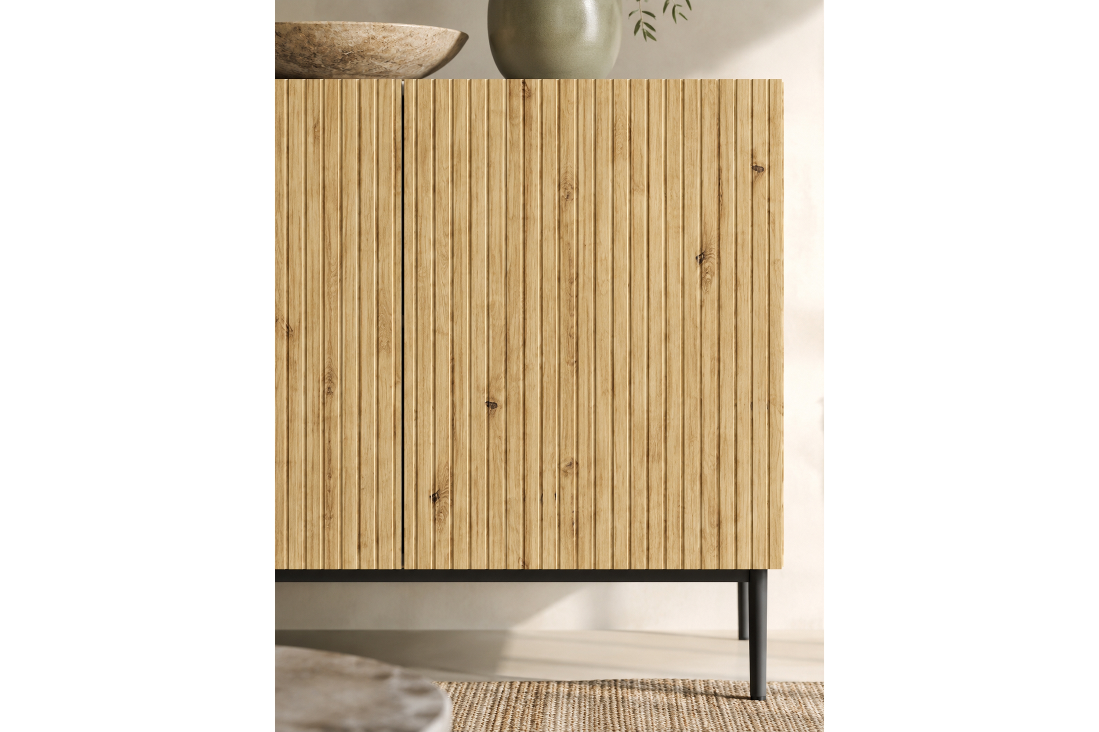 Komoda Nicole 200 cm czterodrzwiowa - biały / dąb artisan / czarne nóżki