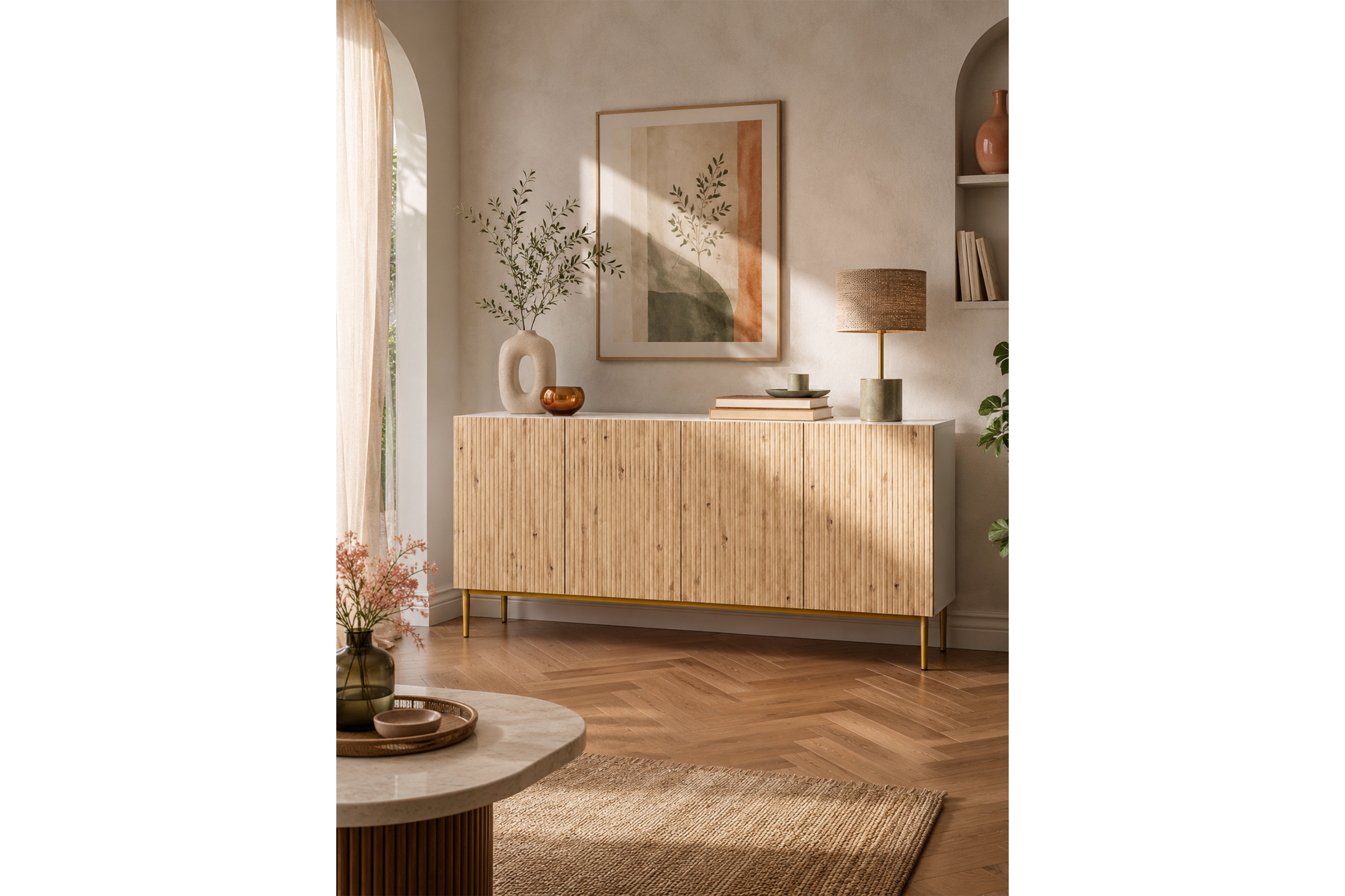 Komoda Nicole 200 cm czterodrzwiowa - biały / dąb artisan / złote nóżki