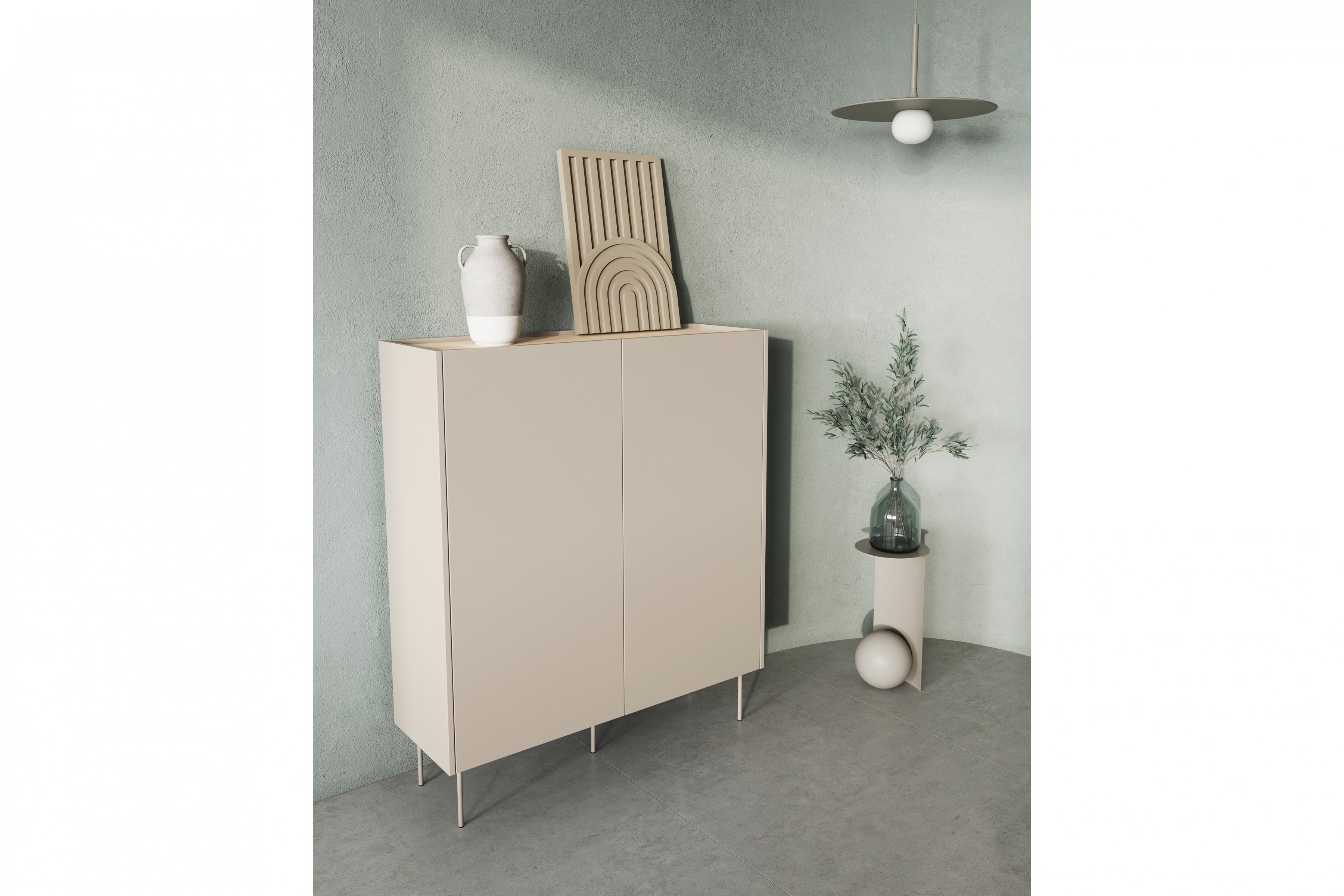 Komoda wysoka Desin 120 cm dwudrzwiowa z ukrytymi szufladami - kaszmir / dąb nagano - Wyprzedaż