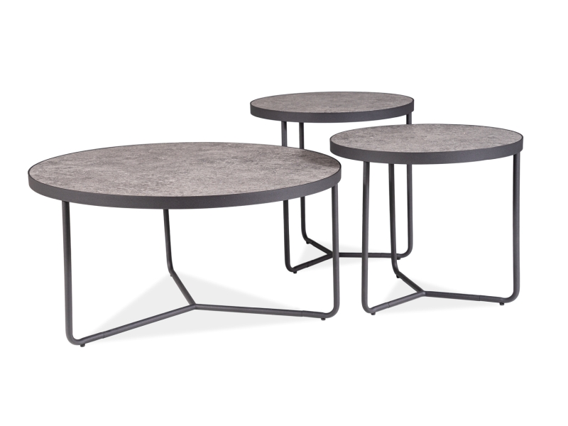 Zestaw okrągłych stolików kawowych Demeter - szary / efekt betonu / czarne nogi - 3 elementy Zestaw okrągłych stolików kawowych Demeter - szary / efekt betonu / czarne nogi - 3 elementy