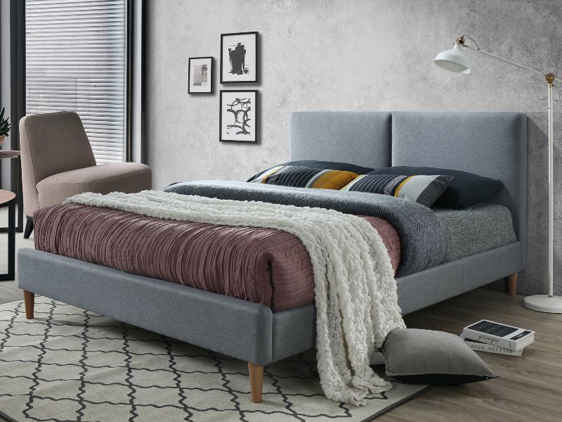 Łóżko tapicerowane Acoma 160x200 - szary / dąb nowoczesne łóżko w szarej tapicerce