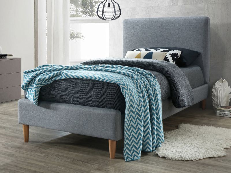 Łóżko tapicerowane jednoosobowe Acoma 90x200 - szary / dąb szare tapicerowane łóżko do sypialni