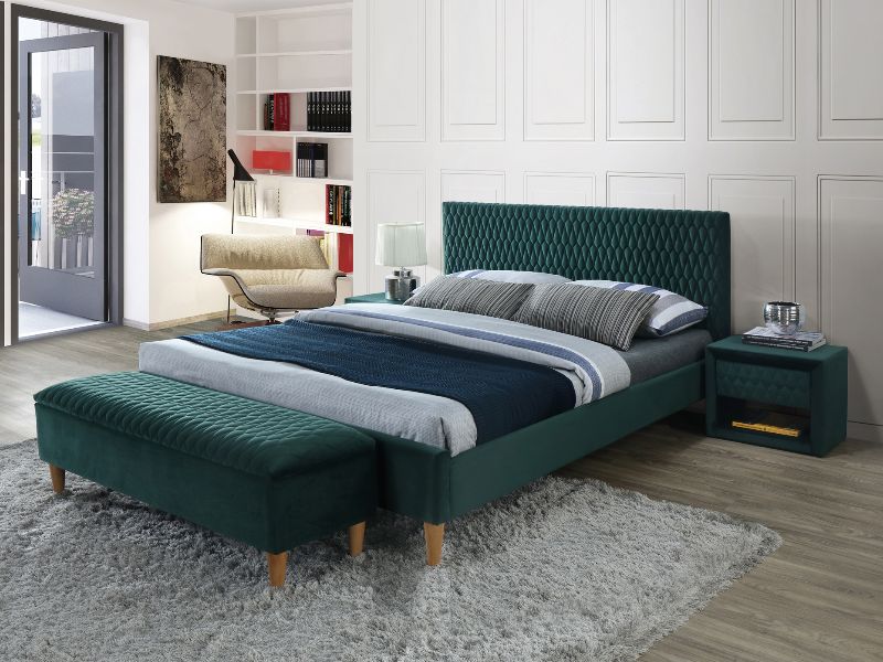 Nowoczesne łóżko Azurro Velvet 140x200 - zielony / dąb zielone tapicerowane łóżko