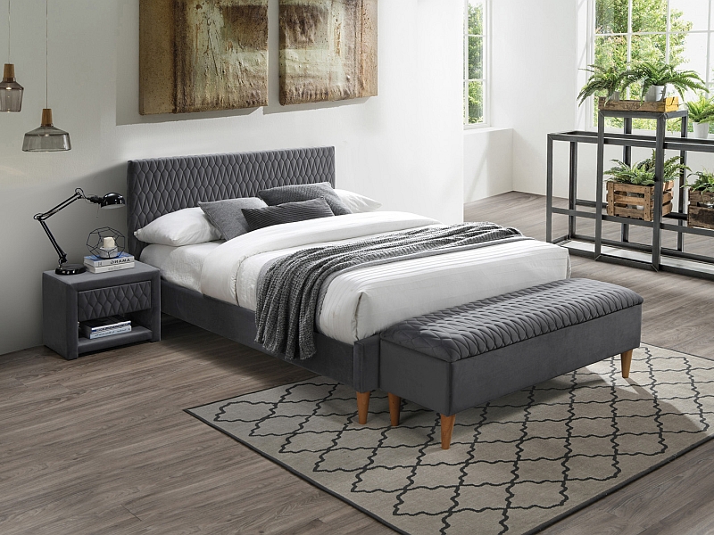 Łóżko tapicerowane Azurro Velvet 180X200 - szary / dąb tapicerowane łóżko z wysokim wezgłowiem