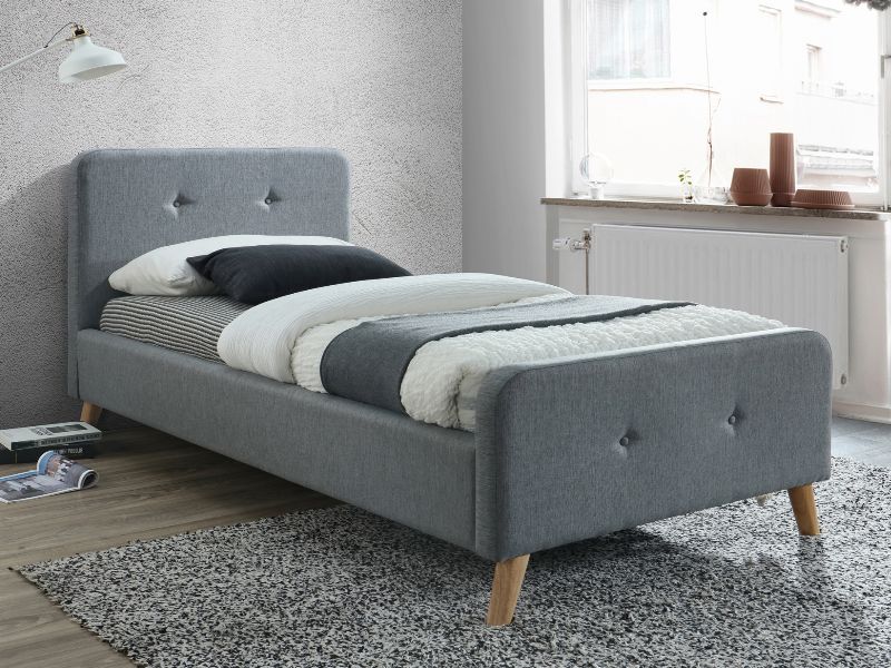 Łóżko tapicerowane Malmo 90x200 - szary / dąb szare tapicerowane jednoosobowe łóżko do sypialni