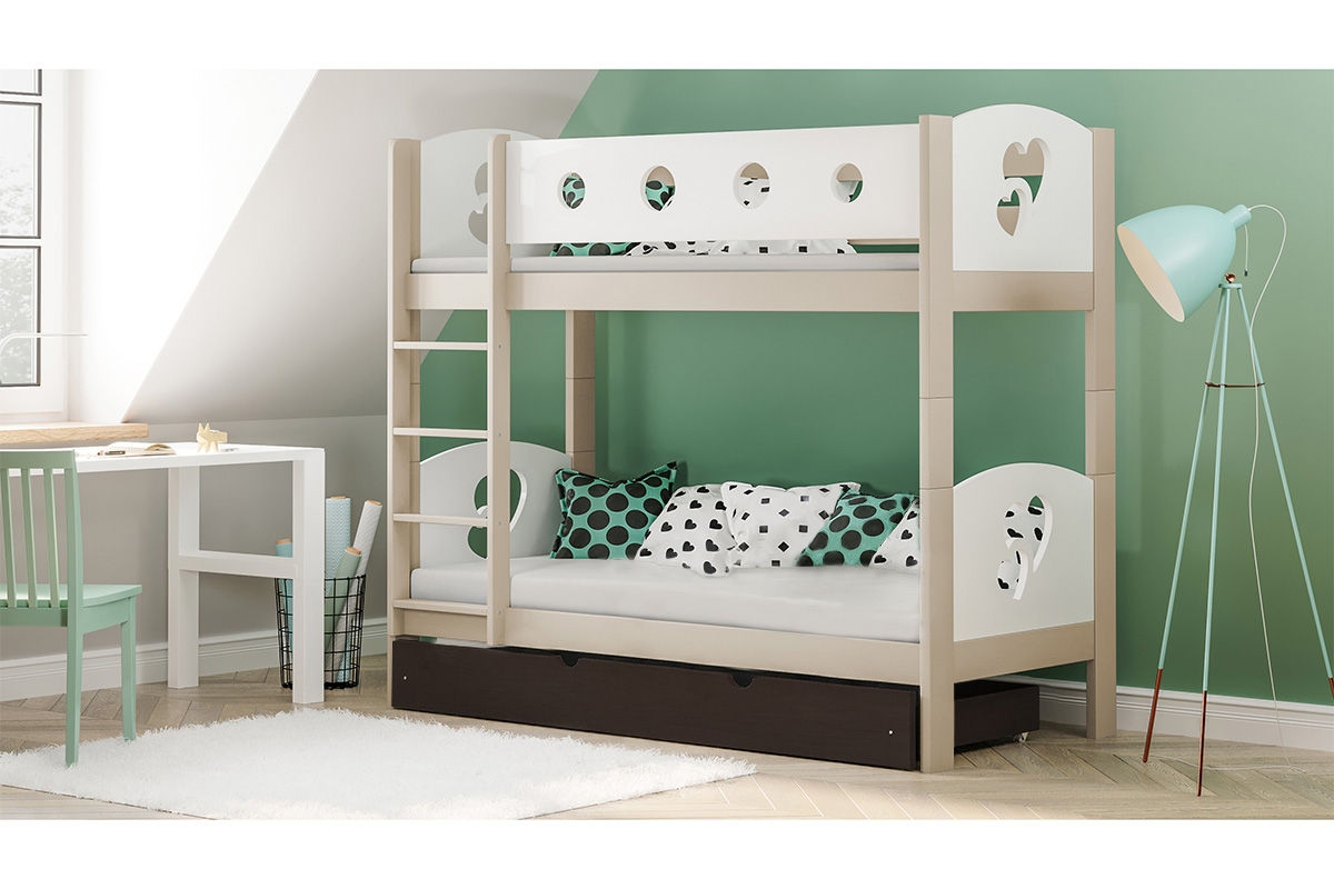 Łóżko Marcelina piętrowe z motywem serc - Wanilia/Czekolada 90 x 200 - Wyprzedaż łóżko z szufladą w kolorze czekolady 