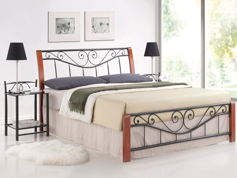 Klasyczne łóżko Parma 160x200 - czereśnia antyczna / czarny metalowe zdobione łóżko do sypialni
