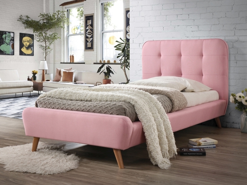 Łóżko tapicerowane jednoosobowe Tiffany 90x200 - różowy / dąb różowe łóżko tapicerowane dla nastolatki