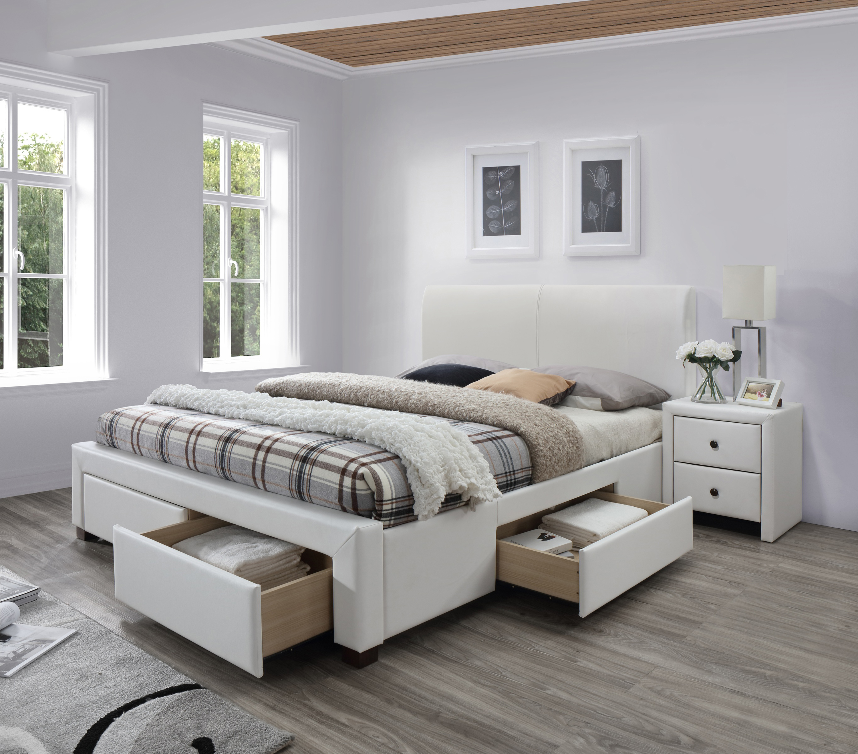 Łóżko tapicerowane Modena 2 z szufladami białe 160X200 łóżko tapicerowane halmar 