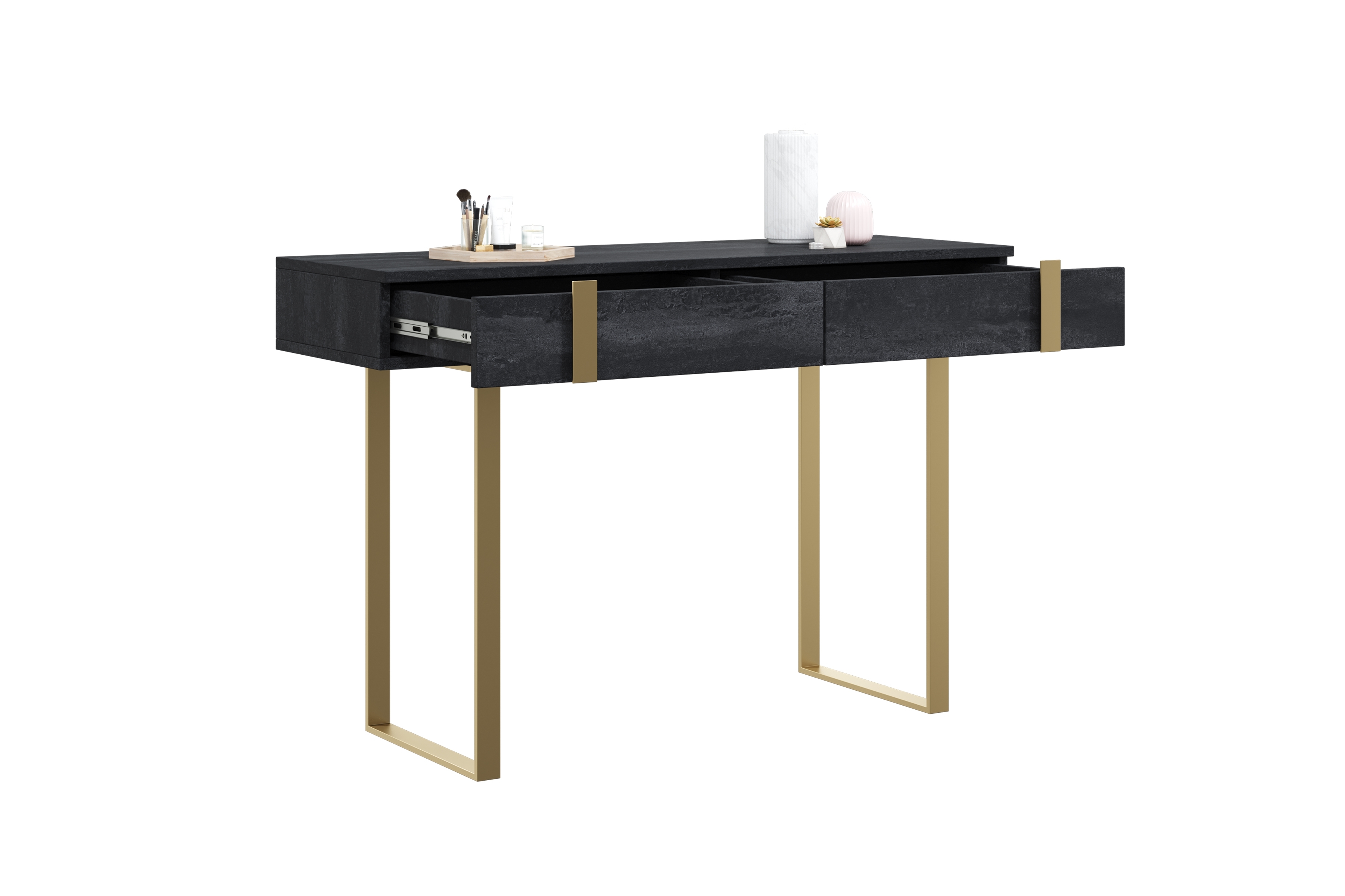 Nowoczesna konsola / toaletka Verica z metalowymi nogami 120 cm - czarny beton / złote nóżki