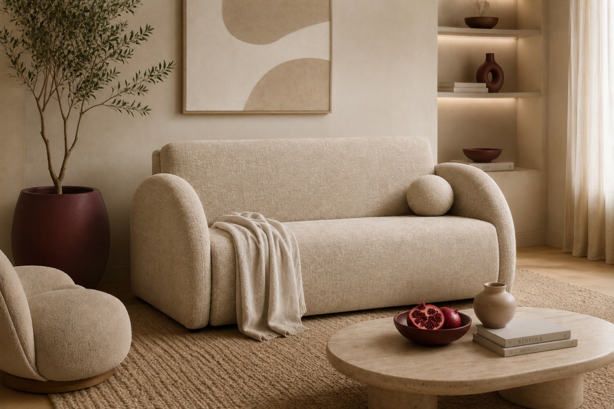Sofa rozkładana Nubi trzyosobowa 140 cm z pojemnikiem - beżowa tkanina hydrofobowa  Murano 834