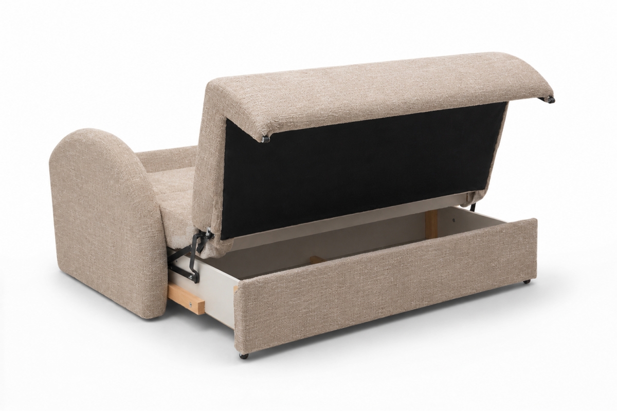 Sofa rozkładana Nubi trzyosobowa 140 cm z pojemnikiem - beżowa tkanina hydrofobowa  Murano 834