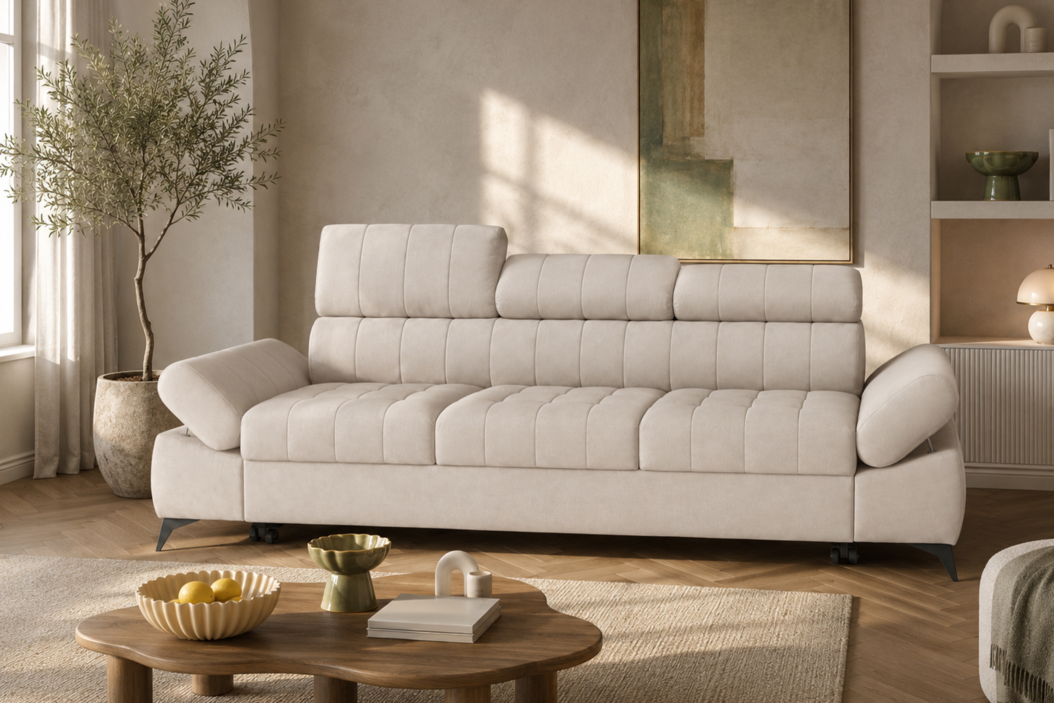 Sofa trzyosobowa Valoris z funkcją spania - beżowy welwet łatwoczyszczący Cloud 03