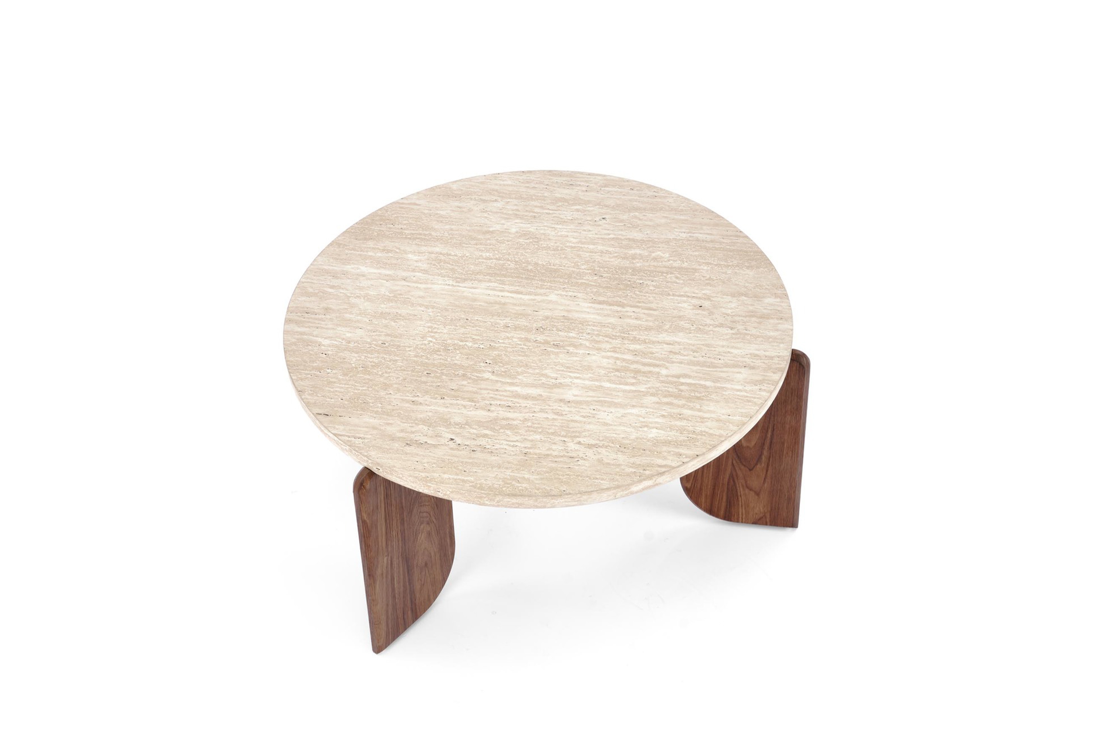 Stolik kawowy Manios 80 cm okrągły - trawertyn / orzech