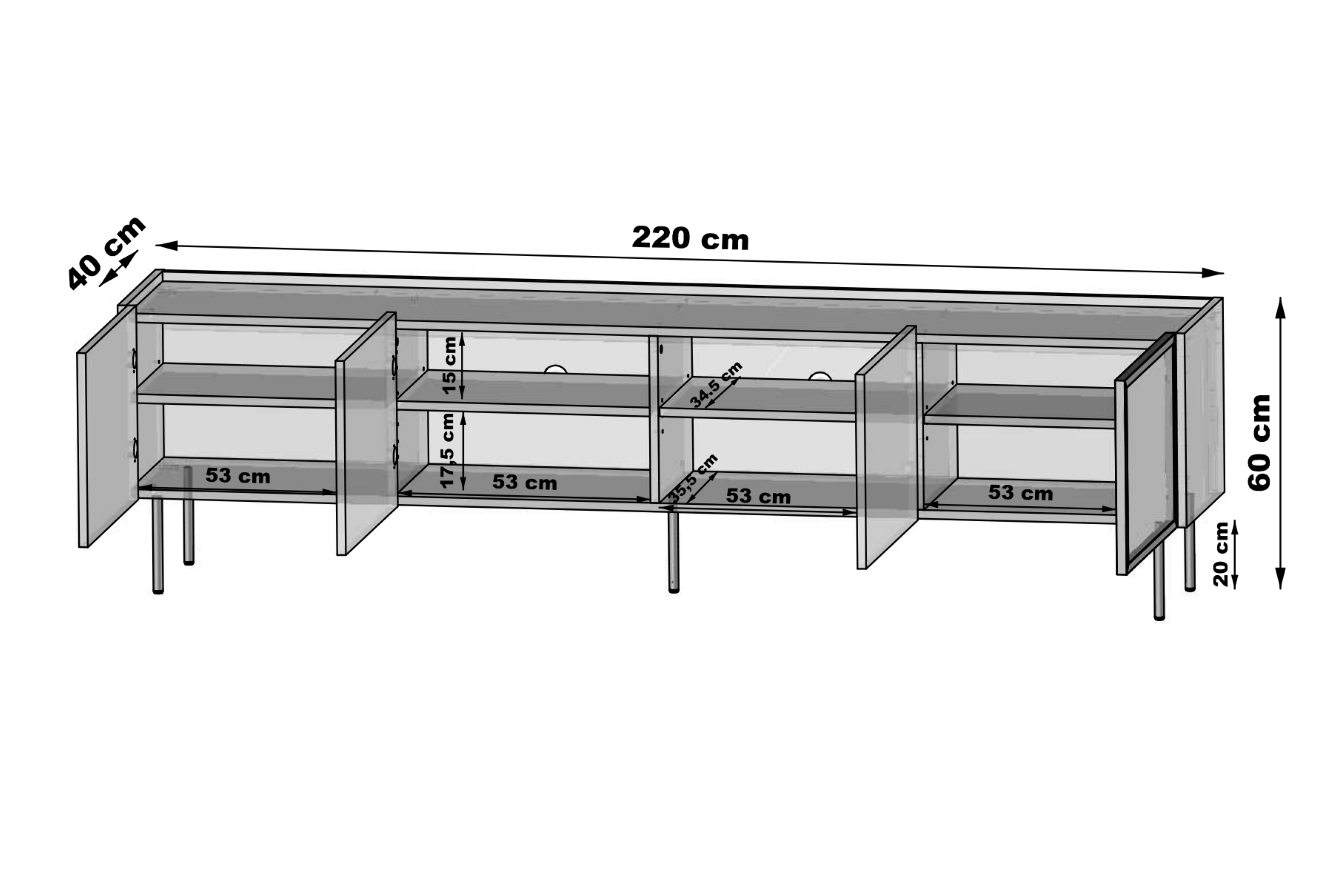 Szafka RTV Dunari 220 cm z metalowymi nogami - dąb dunin